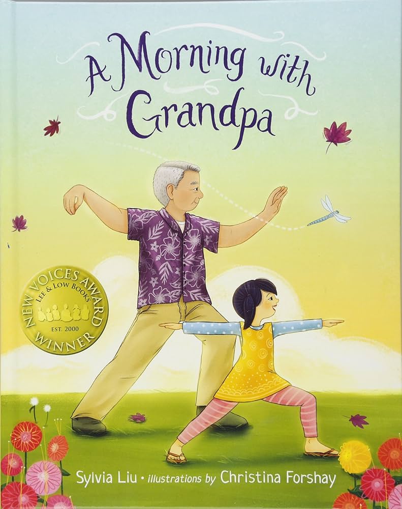 A Morning with Grandpa book cover with a grandpa and granddaughter doing tai chi outside.